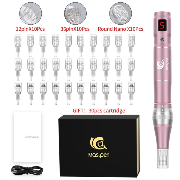 Professional High Frequency And Mute Dermapen Wireless Electric Microneedling Derma Pen With 30 Replaceable Needle Cartridges
