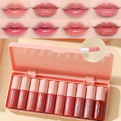 Set of 10 Shimmering Lip Glosses, Easy to Apply, Lip Glaze, Lipstick, Non-Stick Cup, Non-Fading, Moisturizing, Shiny Lip Gloss, Glass Lip, Shimmering Pearlescent Lip Gloss Set
